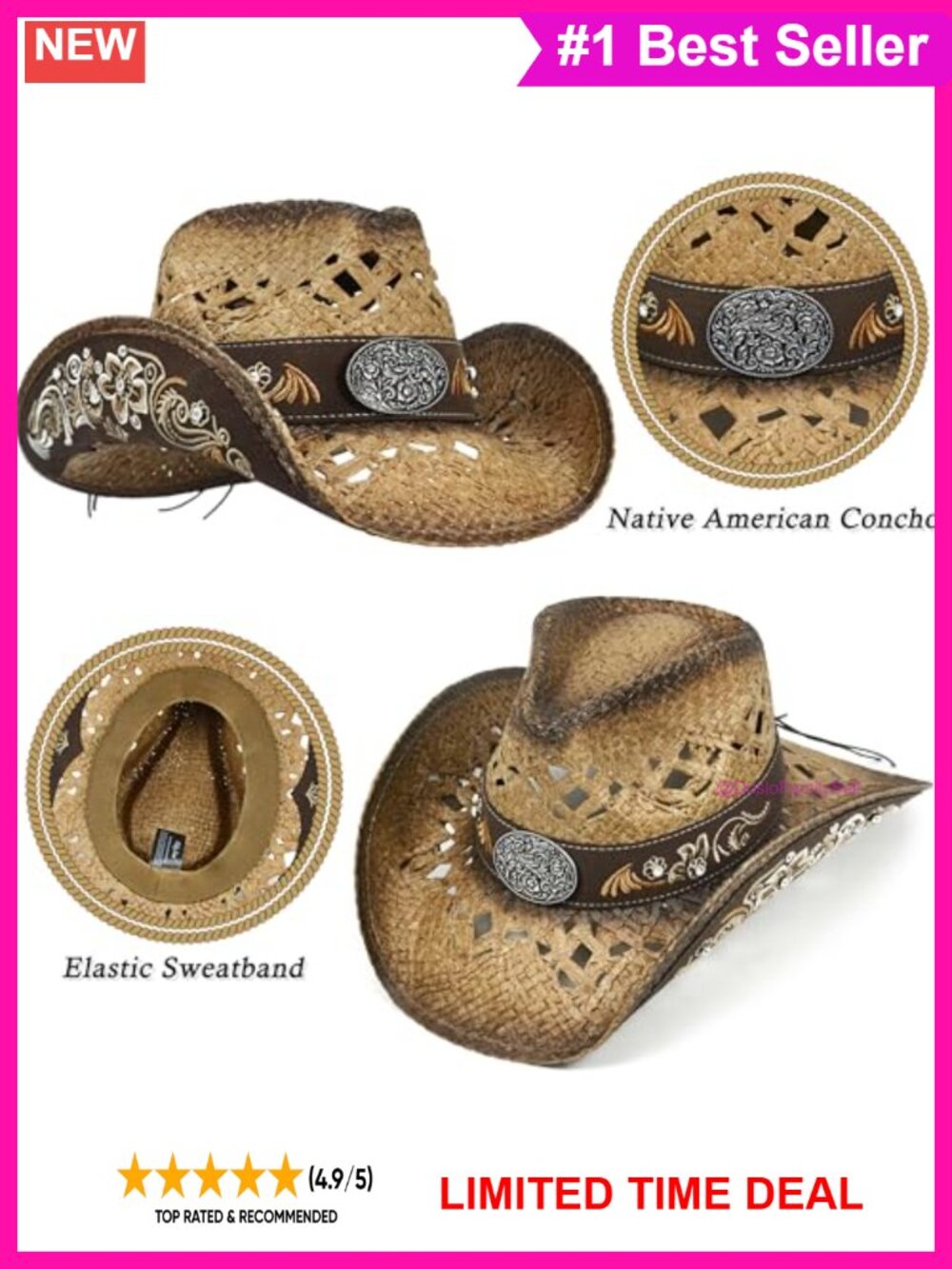 Handmade Straw Western Cowboy Hat Floral Embroidered Adjustable - Picture 2 of 6